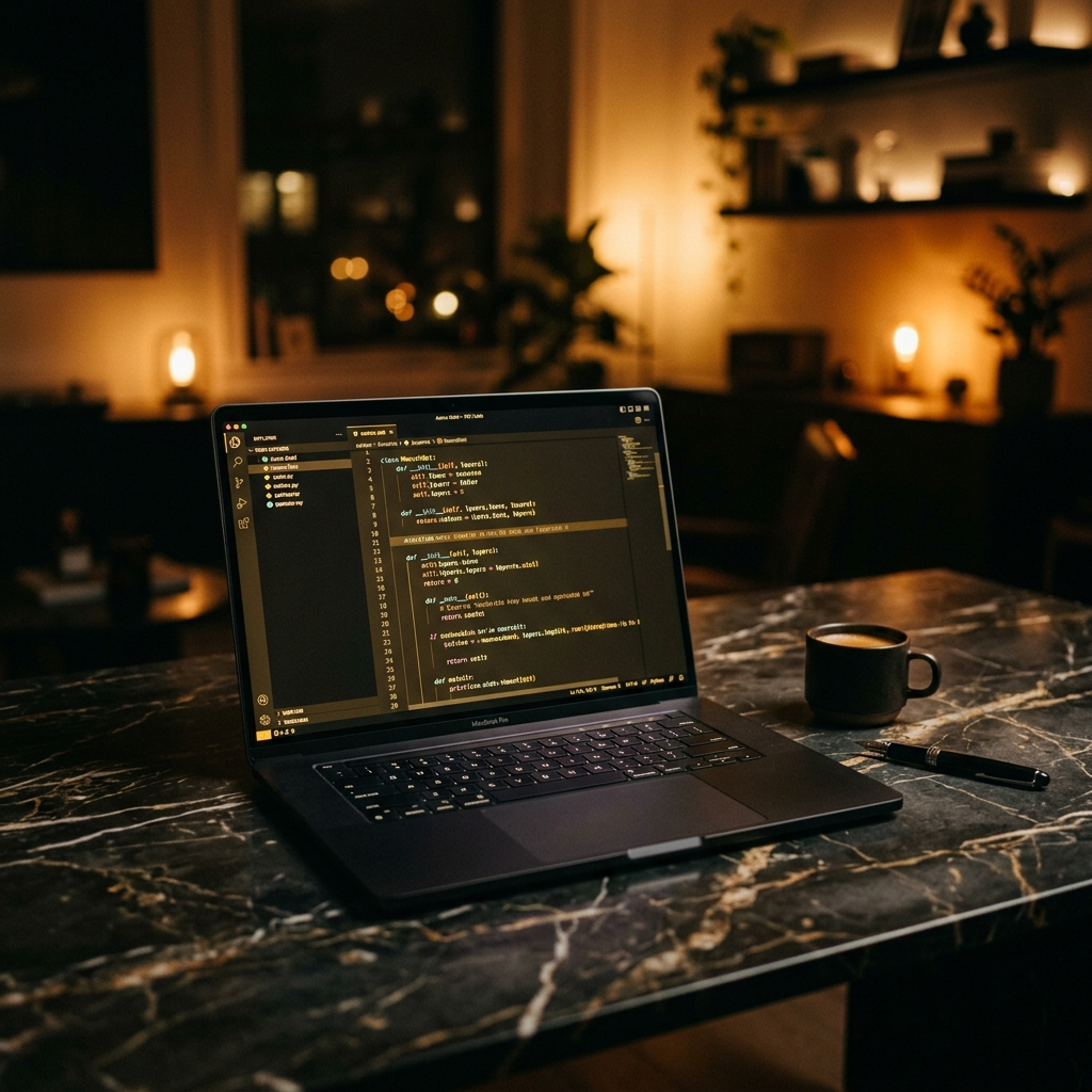 Espacio de trabajo premium con MacBook y luz ambiente cálida